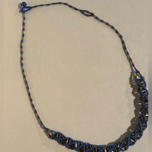 Artistic Blue and Gold Beaded Necklace with Double Helix Design